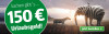 Grafik mit einem Elefanten mit Zebramuster und einem Zebra in einer Landschaft. Text: '150 Euro Urlaubsgeld!'. Button mit der Aufforderung 'Jetzt bestellen'.