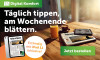 Ein Tisch mit einem iPad, einer Zeitung und Getränken, bewirbt das Abo-Angebot für Digital Komfort mit iPad 11 inklusive.