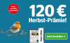 Ein Rotkehlchen auf einem Ast neben einem Abo-Angebot mit 120 Euro Herbst-Prämie für 12 Monate gedruckt und digital lesen.