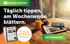 Ein Tisch mit einem iPad, einer Zeitung und Getränken, bewirbt das Abo-Angebot für Digital Komfort mit iPad 11 inklusive.