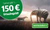 Grafik mit einem Elefanten mit Zebramuster und einem Zebra in einer Landschaft. Text: '150 Euro Urlaubsgeld!'. Button mit der Aufforderung 'Jetzt bestellen'.